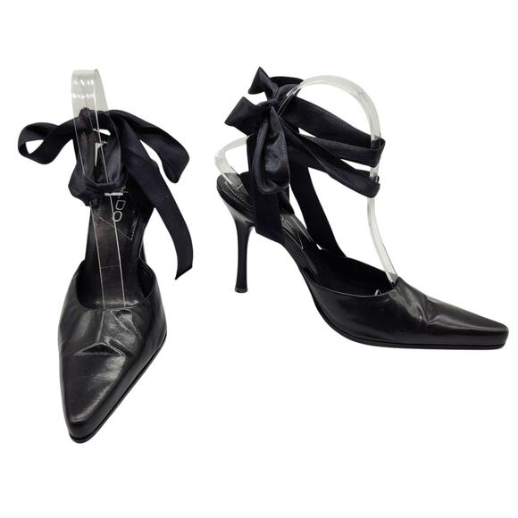 ALDO Black Satin Ribbon-Tie Heels – Size 39 (US 8.5) - Pointed Toe Y2K Chic - Picture 1 of 11